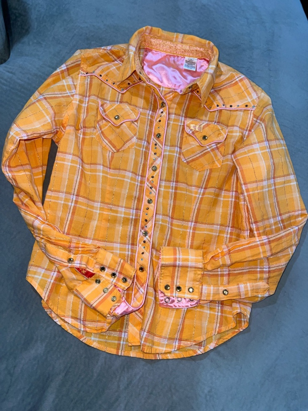 Kids Orange Plaid Button-Down Shirt with Stud Accents